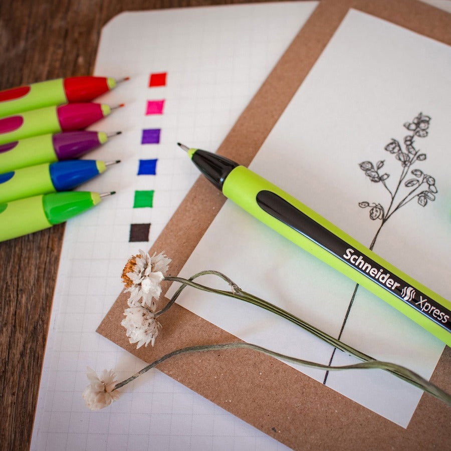 Schneider Xpress Fineliner Pen - 0.8 mm Medium Pen Point - Blue Ink - Blue Rubberized, Green Barrel - Stainless Steel Tip - 10 / Pack