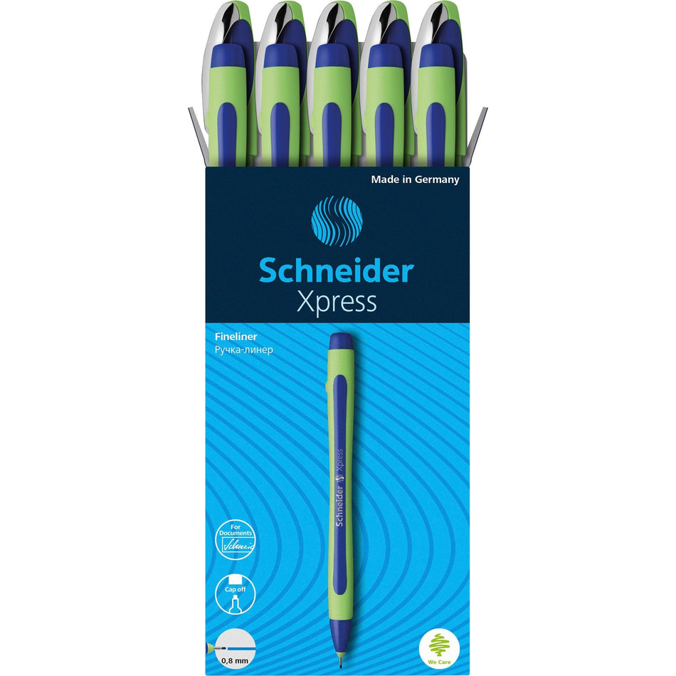 Schneider Xpress Fineliner Pen - 0.8 mm Medium Pen Point - Blue Ink - Blue Rubberized, Green Barrel - Stainless Steel Tip - 10 / Pack