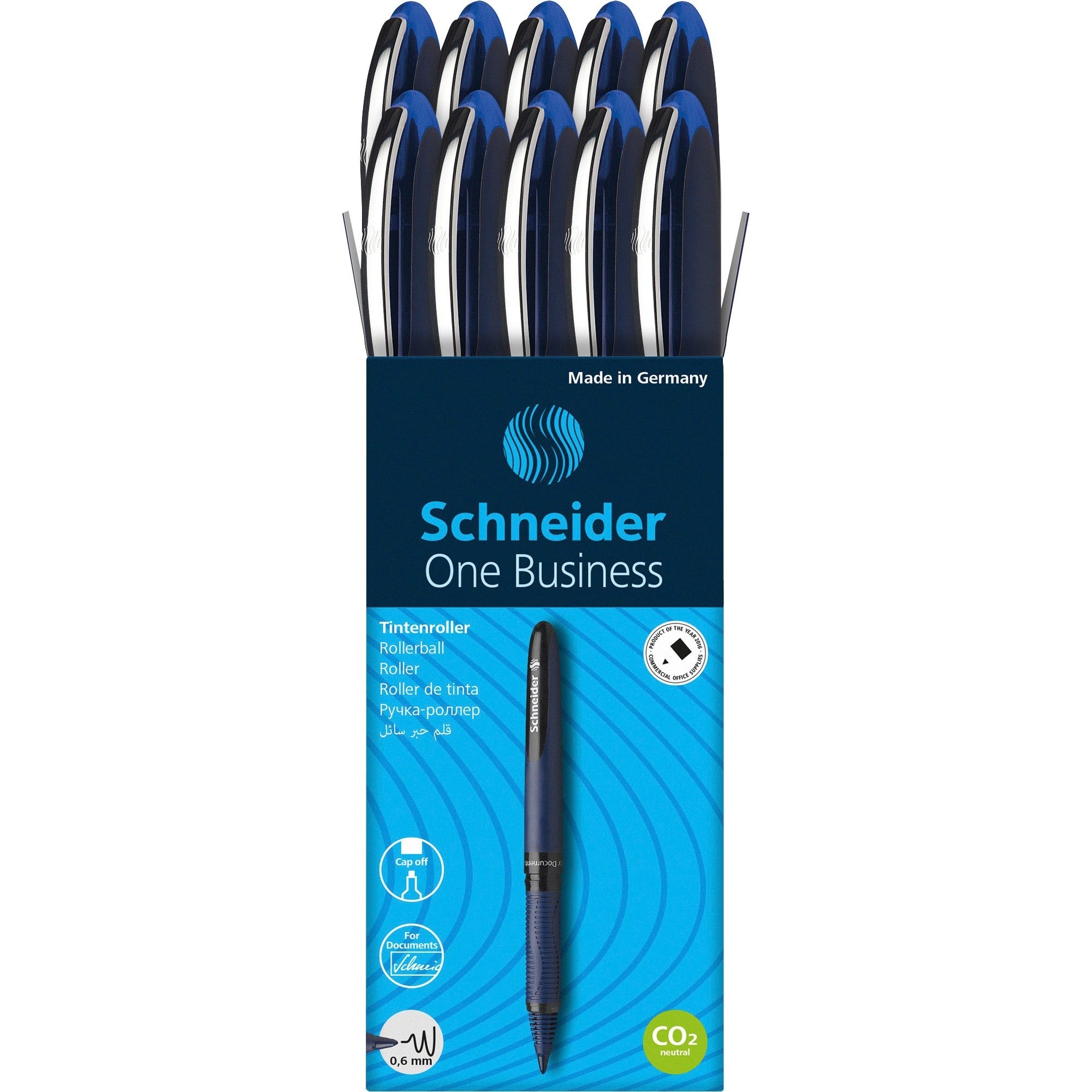 Schneider One Business Rollerball - 0.6 mm Medium Pen Point - Blue Ink - Blue, Dark Blue Barrel - 10 / Pack