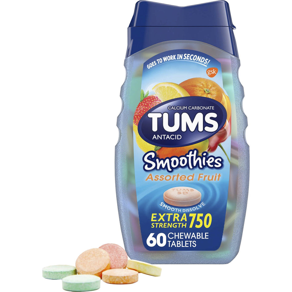 TUMS Smoothies Extra Strength Antacid Chewable Tablet - For Acid Indigestion, Heartburn, Sour Stomach, Upset Stomach - Assorted Fruit - 60/Bottle - 1 Each