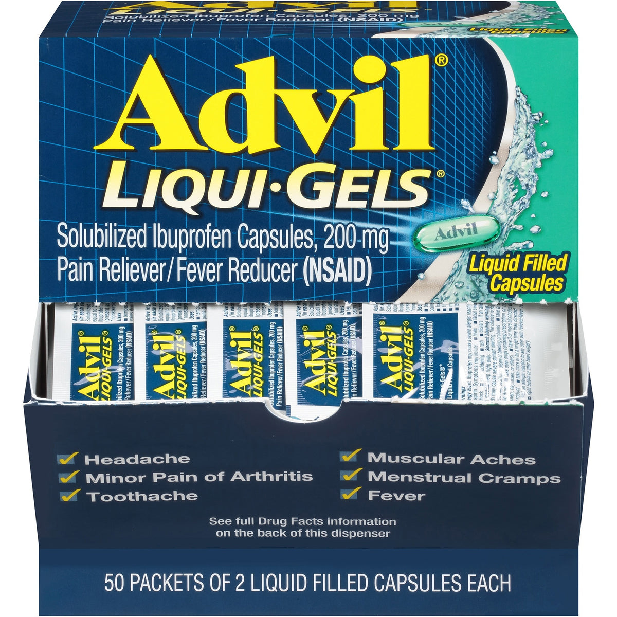 Advil Liqui-Gels - For Pain, Headache, Backache, Menstrual Cramp, Joint Pain, Fever - 50/Box - 1 Each