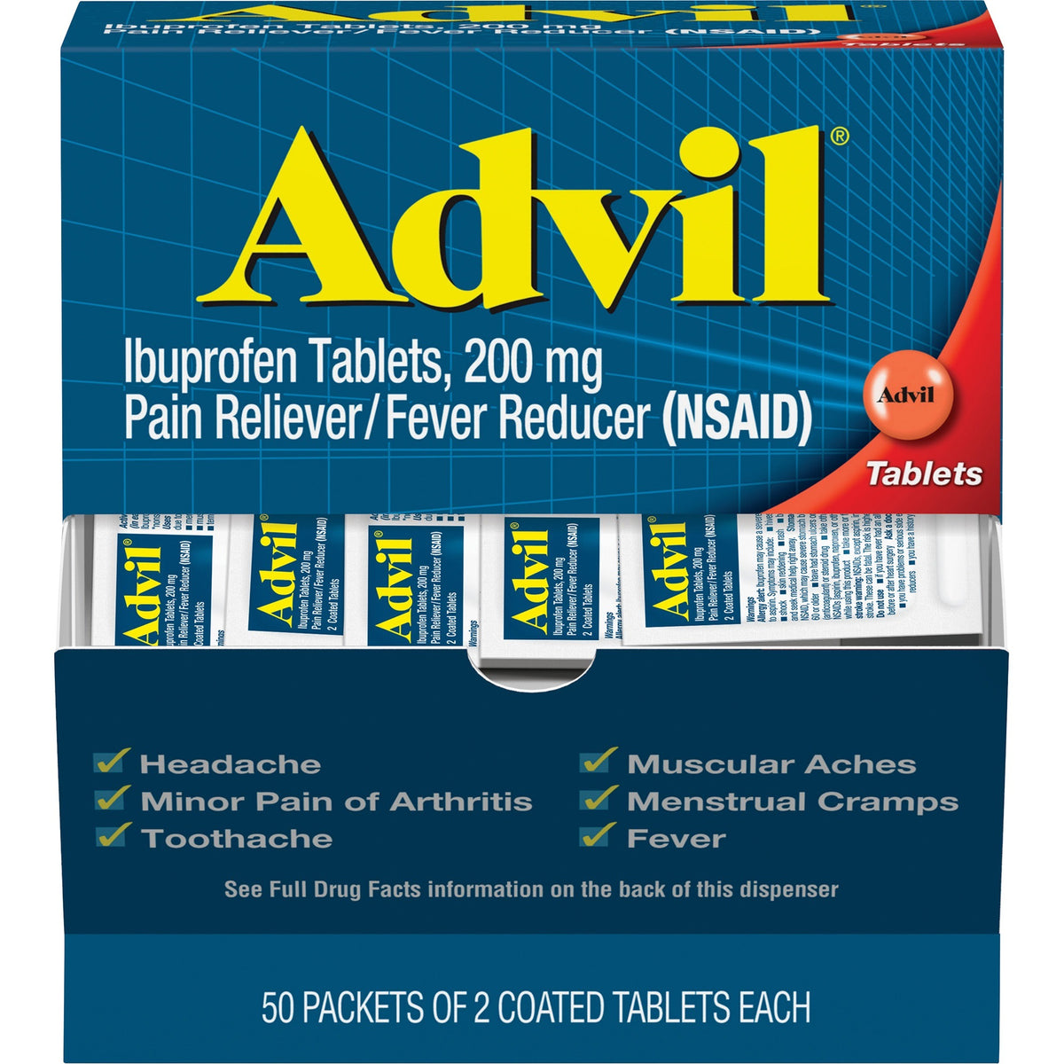 Advil Ibuprofen Tablets - For Pain, Headache, Backache, Menstrual Cramp, Joint Pain, Fever - 50/Box - 1 Each