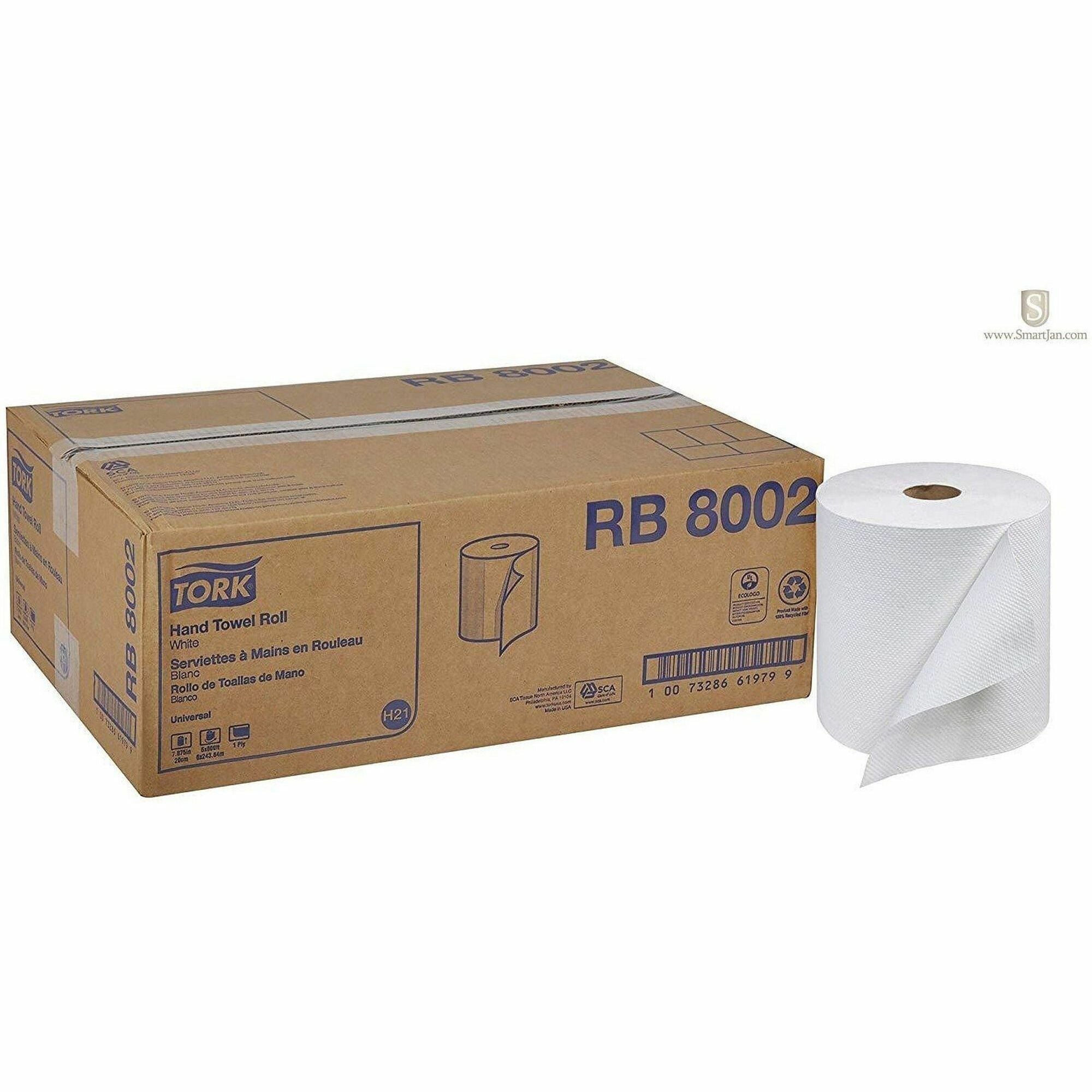 TORK Hand Towel Roll White H21 - 1 Ply - 7.80" Roll Diameter - 1 15/16" Core - White - Fiber - 6 / Carton