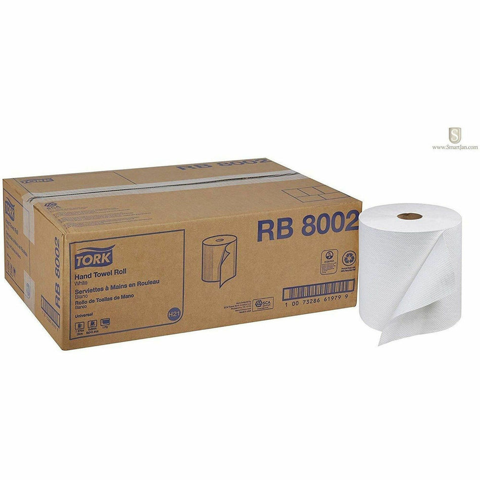 TORK Hand Towel Roll White H21 - 1 Ply - 7.80" Roll Diameter - 1 15/16" Core - White - Fiber - 6 / Carton