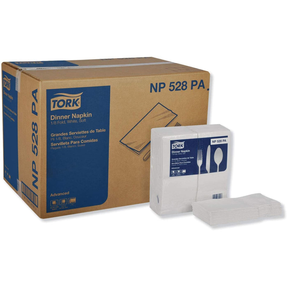TORK White Soft Dinner Napkin - 1/8 Fold - 2 Ply - Tall Fold - 16.75" Width x 15" Length - White - 100/Pack - 28 / Carton