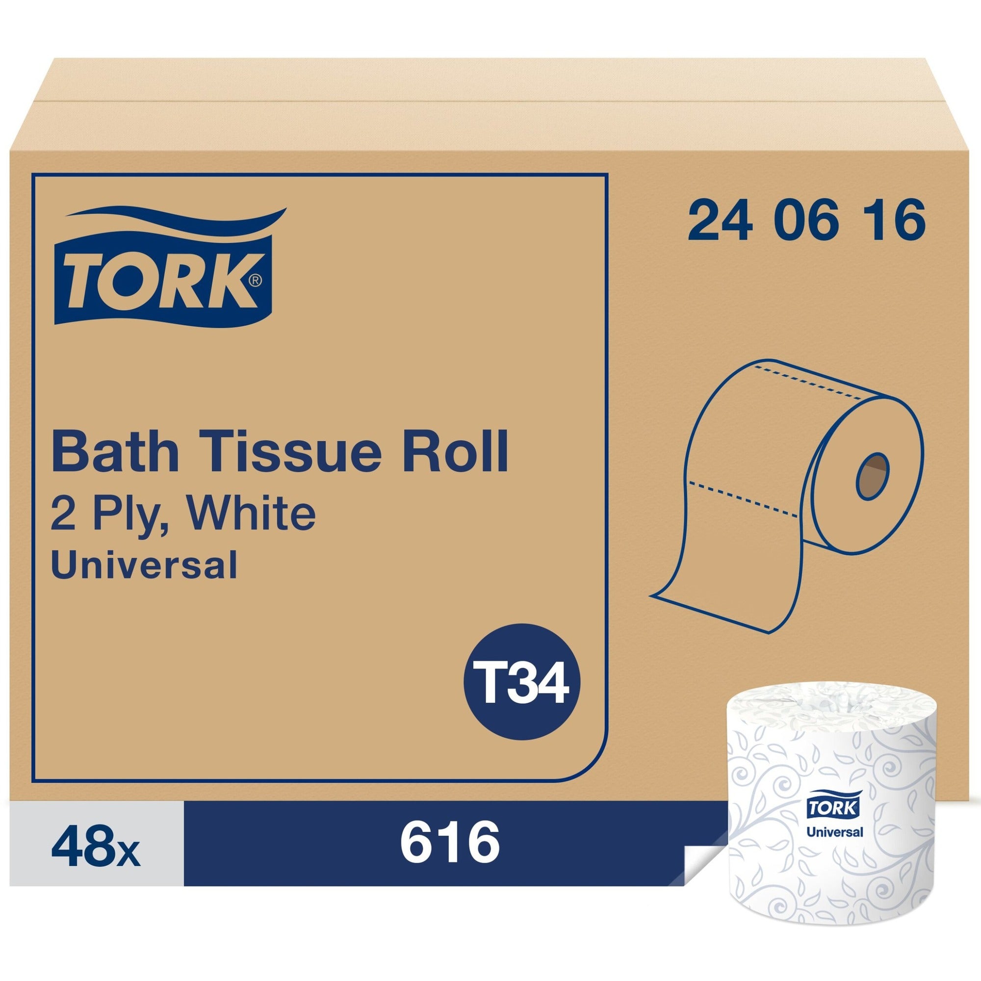 TORK Toilet Paper Roll White T34 - 2 Ply4" Length - 616 Sheets/Roll - 5" Roll Diameter - Leaf and Stitch embossing - White - Fiber - 48 / Carton