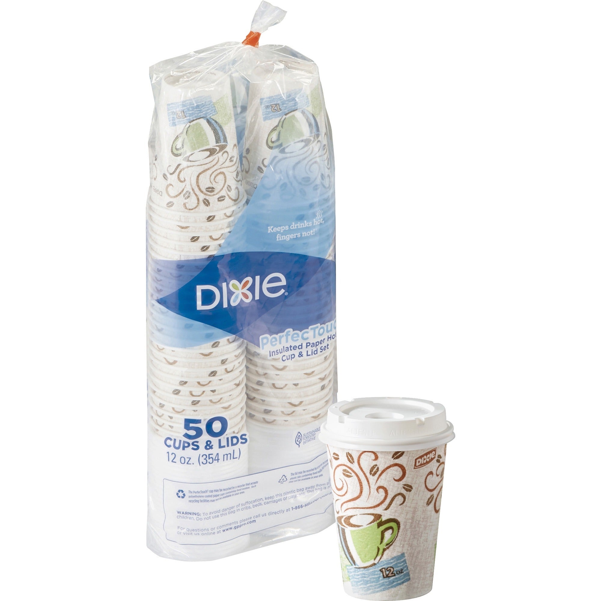 Dixie PerfecTouch 12 oz Hot Coffee Cup and Lid Sets by GP Pro - 12 fl oz - White - Paper - Hot Drink, Coffee, Beverage - 50 / Pack