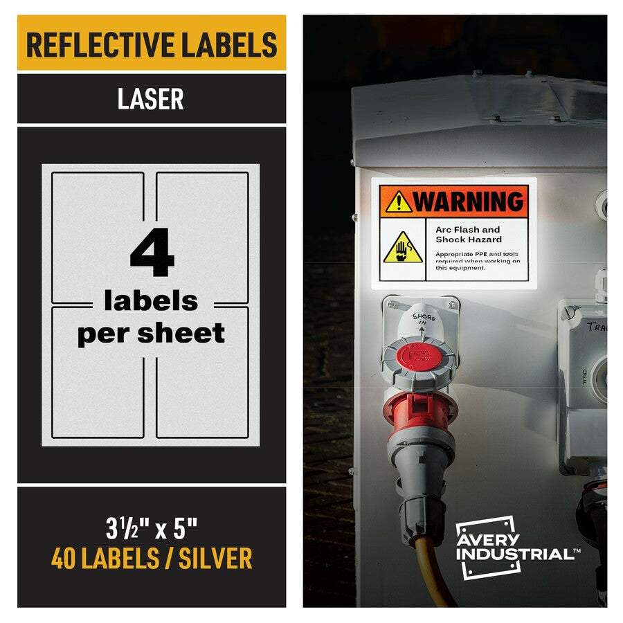 Avery®  Reflective Sign Labels - 3 1/2" Width x 5" Length - Permanent Adhesive - Rectangle - Laser - Silver - Film - Water Resistant - 4 / Sheet - 10 Total Sheets - 40 Total Label(s) - 40 / Pack