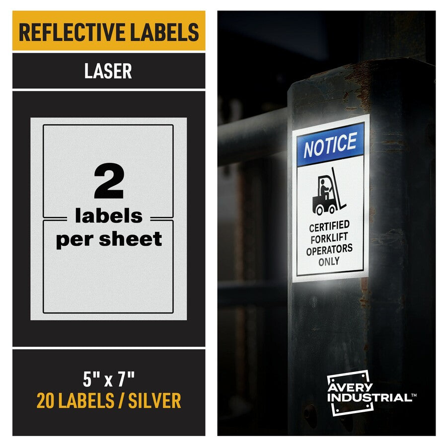 Avery®  Reflective Sign Labels - 5" Width x 7" Length - Permanent Adhesive - Rectangle - Laser - Silver - Film - Water Resistant - 2 / Sheet - 10 Total Sheets - 20 Total Label(s) - 20 / Pack