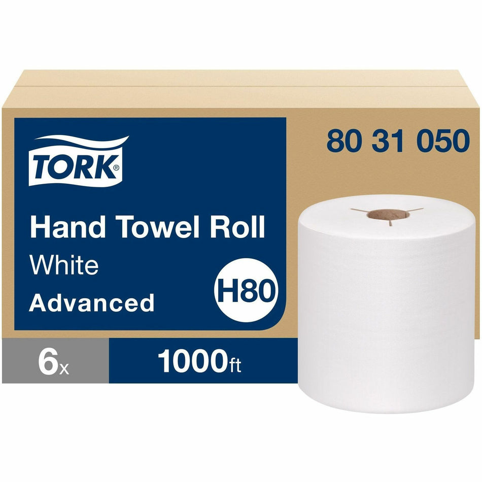 TORK Hand Towel Roll White H80 - 1 Ply - 7.85" Roll Diameter - 1 15/16" Core - White - Fiber - 6 Rolls Per CartonCarton - 6 / Carton