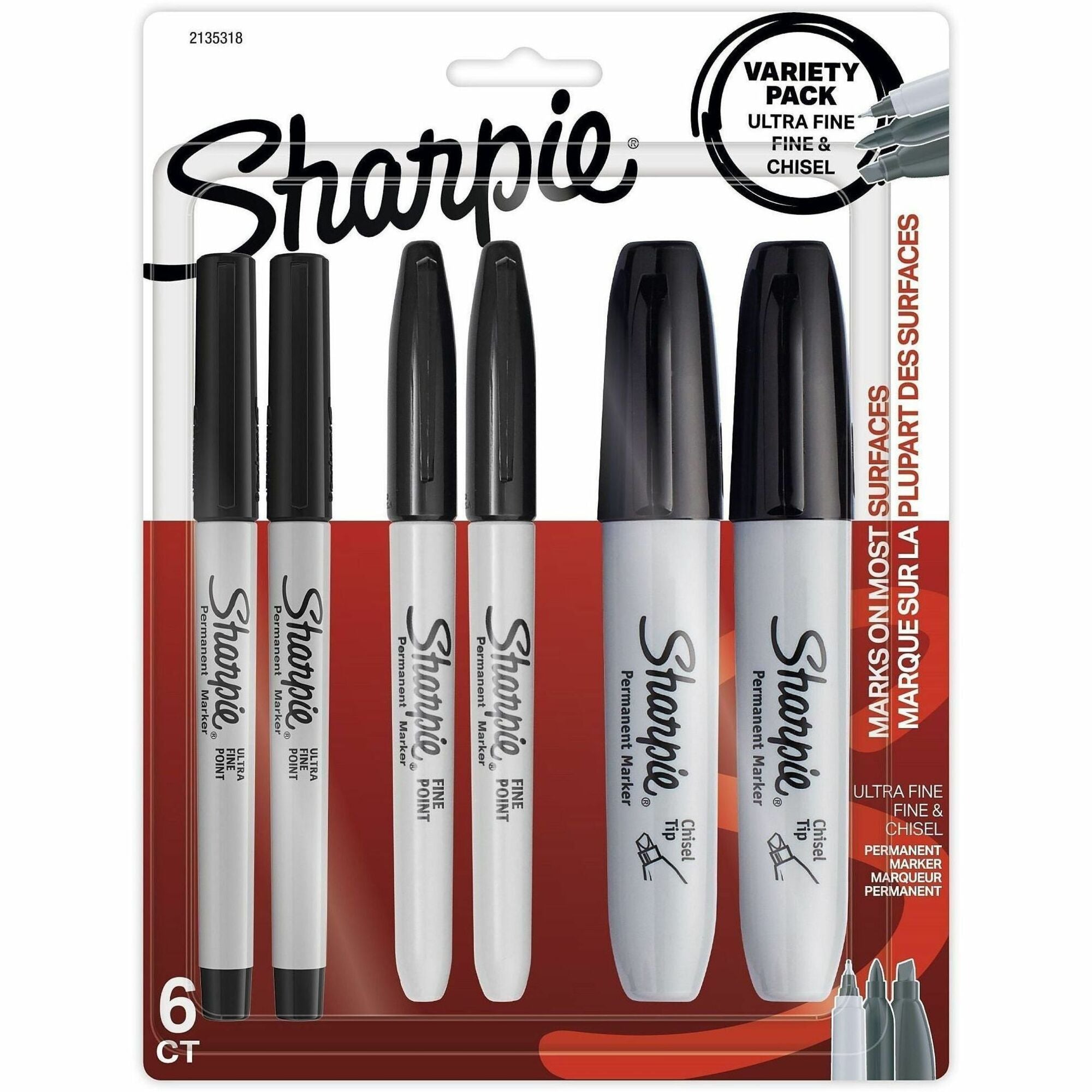 Sharpie Permanent Marker - Fine Chisel, Ultra Fine Marker Point - Black Ink - 6 / Pack