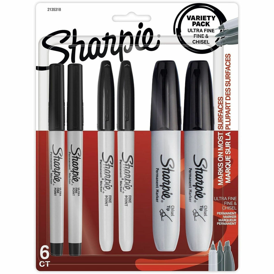 Sharpie Permanent Marker - Fine Chisel, Ultra Fine Marker Point - Black Ink - 6 / Pack