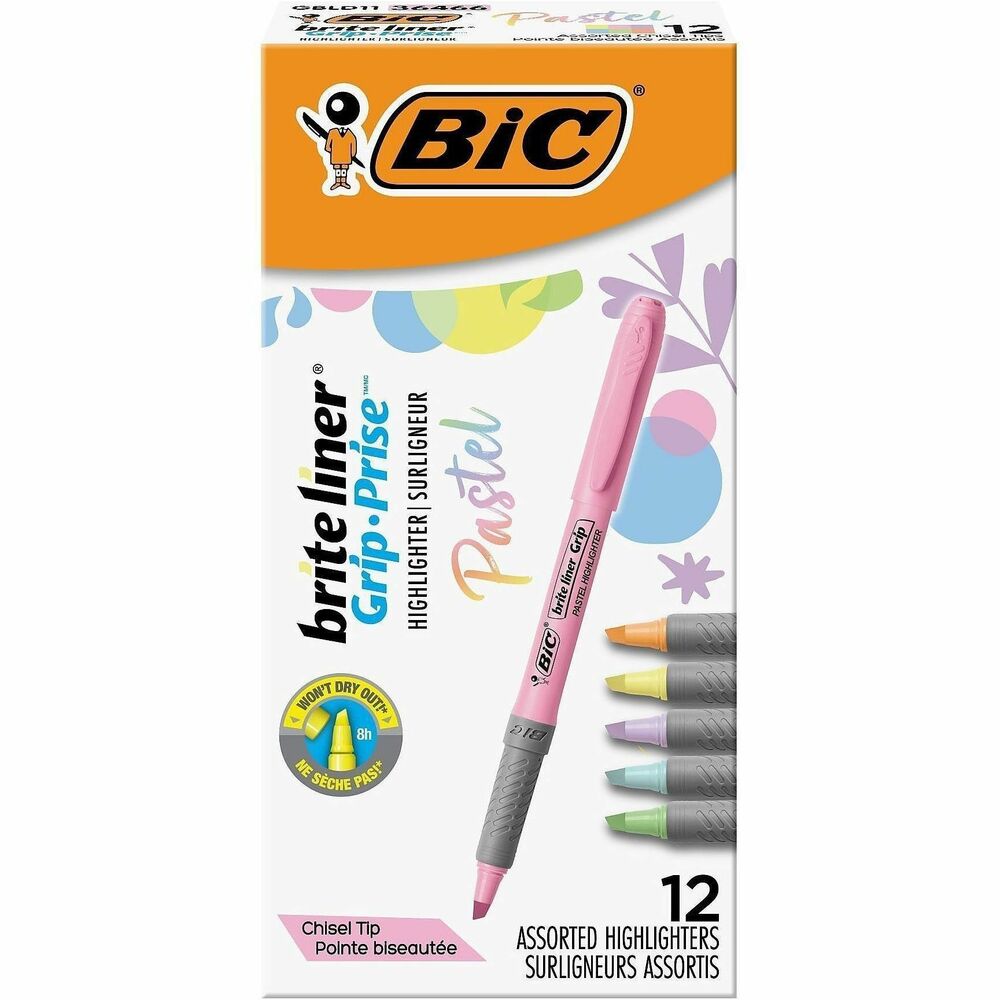 BIC Brite Liner Grip Highlighters, Assorted - 1.6 mm Chisel Marker Point - Assorted, Pastel Yellow, Pastel Pink, Pastel Blue, Pastel Green, Pastel Purple, Pastel Orange Ink - 12 / Box