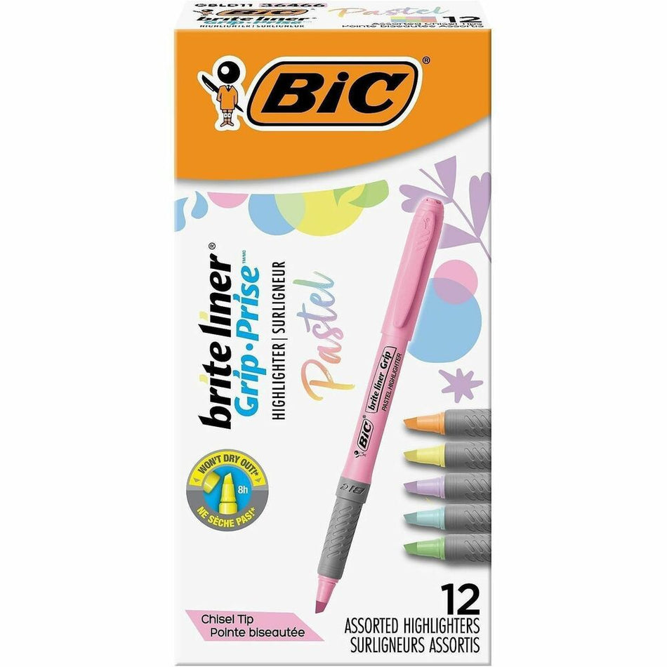 BIC Brite Liner Grip Highlighters, Assorted - 1.6 mm Chisel Marker Point - Assorted, Pastel Yellow, Pastel Pink, Pastel Blue, Pastel Green, Pastel Purple, Pastel Orange Ink - 12 / Box