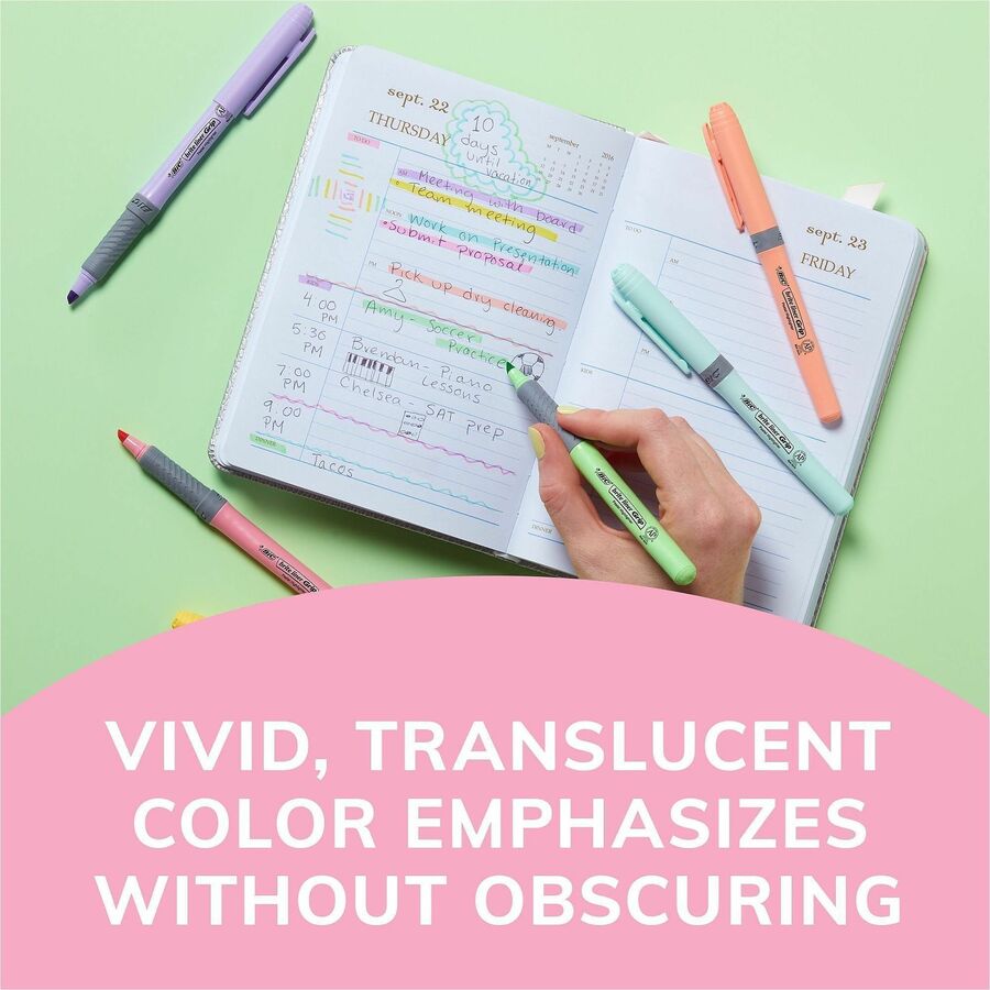 BIC Brite Liner Grip Highlighters, Assorted - 1.6 mm Chisel Marker Point - Assorted, Pastel Yellow, Pastel Pink, Pastel Blue, Pastel Green, Pastel Purple, Pastel Orange Ink - 12 / Box