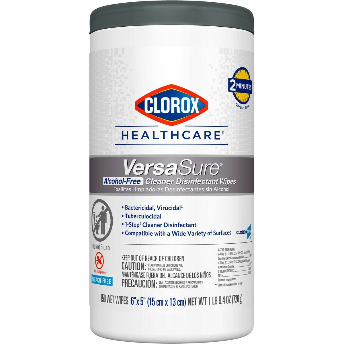 Clorox Healthcare VersaSure Disinfectant Wipes - Ready-To-Use - 5" Length x 6" Width - Strong, Durable, Alcohol-free, Fume-free, Fragrance-free, Pre-moistened - White - 150/Tub - 1 Each