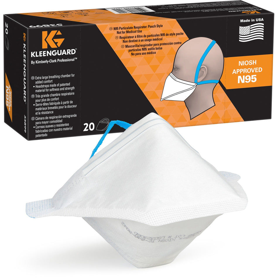Kleenguard N95 Pouch Respirator - Recommended for: Face - Regular - Airborne Particle Protection - White - Comfortable, Breathable, Adjustable Nose-piece, Lightweight, Foldable, Head Strap, Particle Filtration Efficiency (PFE) - 20 / Pack