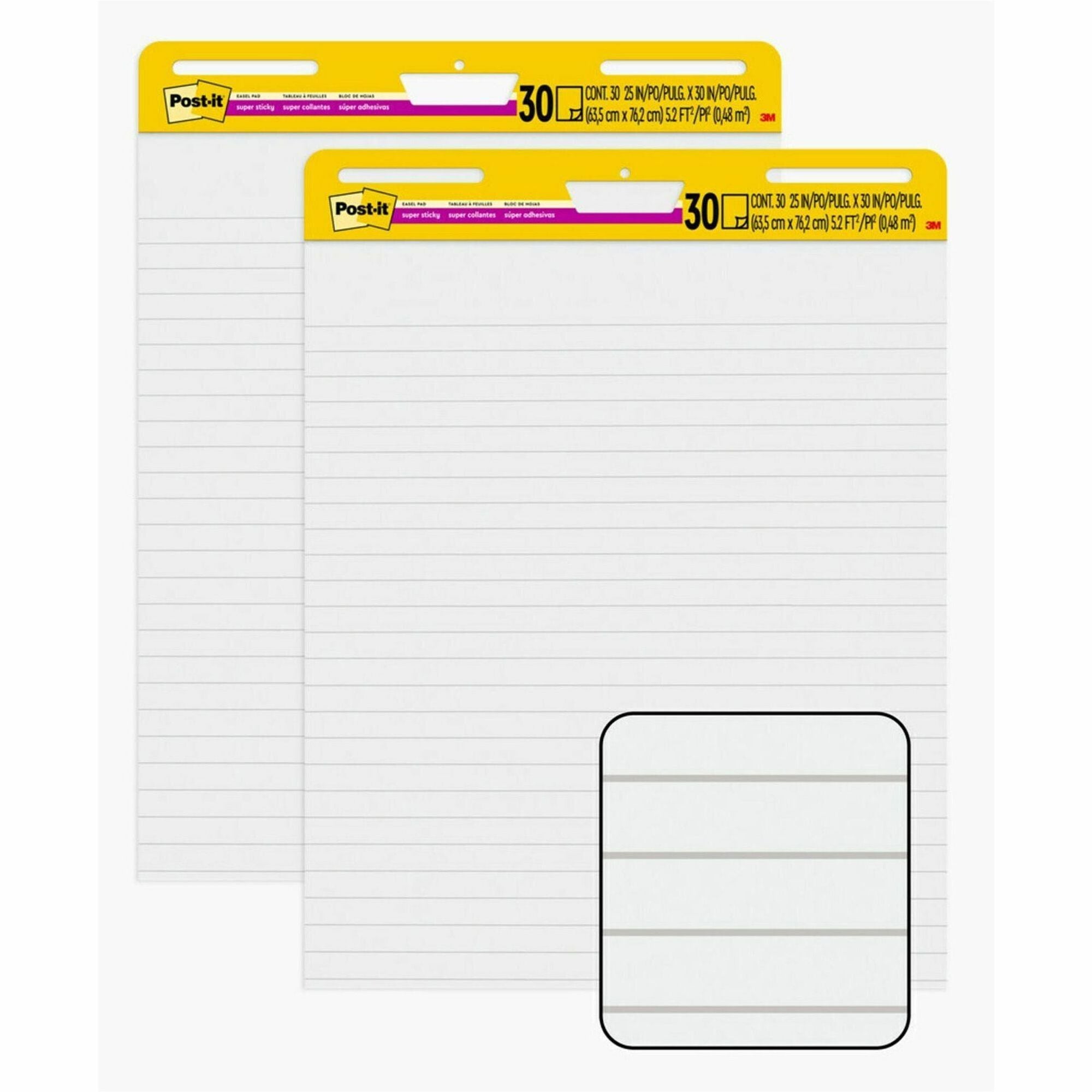Post-it®  Super Sticky Easel Pad - 30 Sheets - Ruled Front Ruling x 25" Width x 30" Length - Self-stick, Resist Bleed-through, Handle, Sturdy Backcard, Universal Slot, Repositionable, Adhesive Backing - 2 / Carton