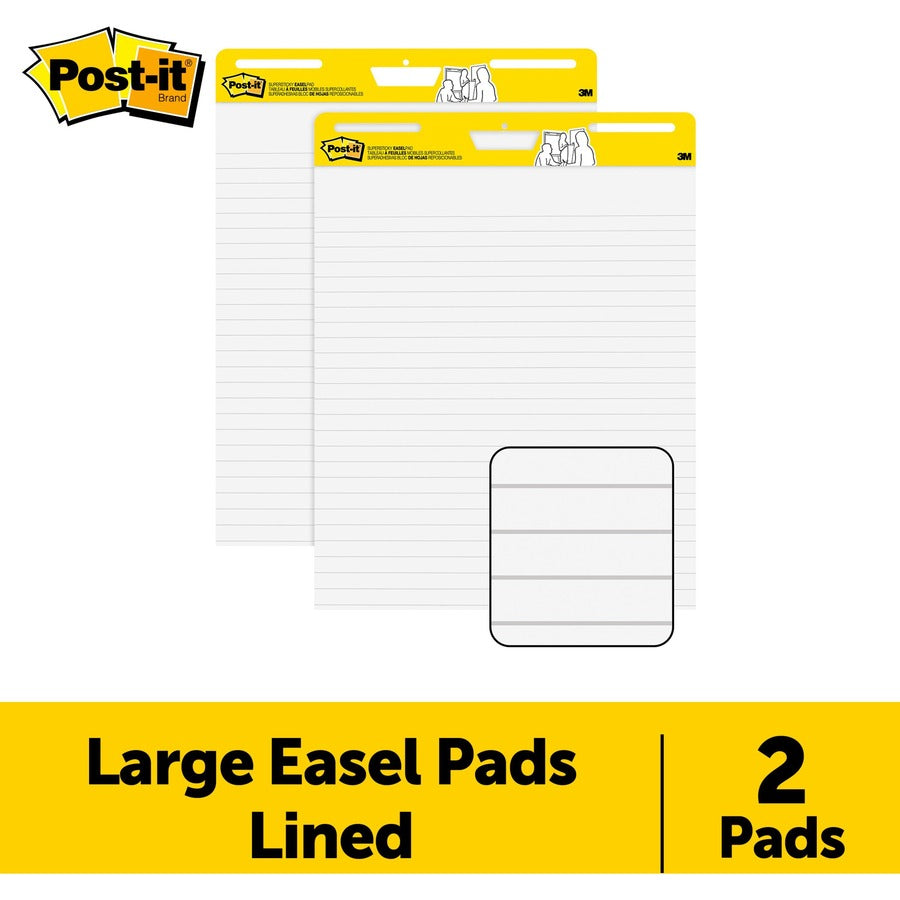 Post-it®  Super Sticky Easel Pad - 30 Sheets - Ruled Front Ruling x 25" Width x 30" Length - Self-stick, Resist Bleed-through, Handle, Sturdy Backcard, Universal Slot, Repositionable, Adhesive Backing - 2 / Carton