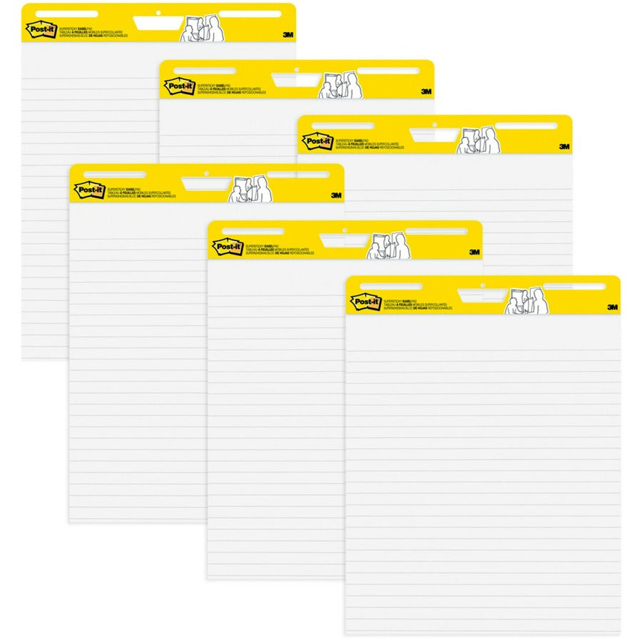 Post-it®  Easel Pad - 30 Sheets - Ruled Front Ruling x 25" Width x 30" Length - Self-stick, Resist Bleed-through, Handle, Sturdy Backcard, Universal Slot, Repositionable, Adhesive Backing - 6 / Carton