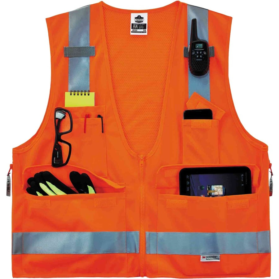 Ergodyne 8250Z Type R Class 2 Surveyors Vest - Large/Extra Large - Zipper Closure - Poly, Mesh - Orange - Pocket, Mic Tab, Reflective - 1 Each