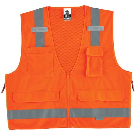 Ergodyne 8250Z Type R Class 2 Surveyors Vest - Large/Extra Large - Zipper Closure - Poly, Mesh - Orange - Pocket, Mic Tab, Reflective - 1 Each