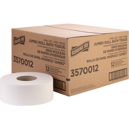 Genuine Joe Jumbo Jr Dispenser Bath Tissue Roll - 2 Ply - 3.30" Width x 700 ft Length - 8.88" Roll Diameter - White - Fiber - 12 / Carton