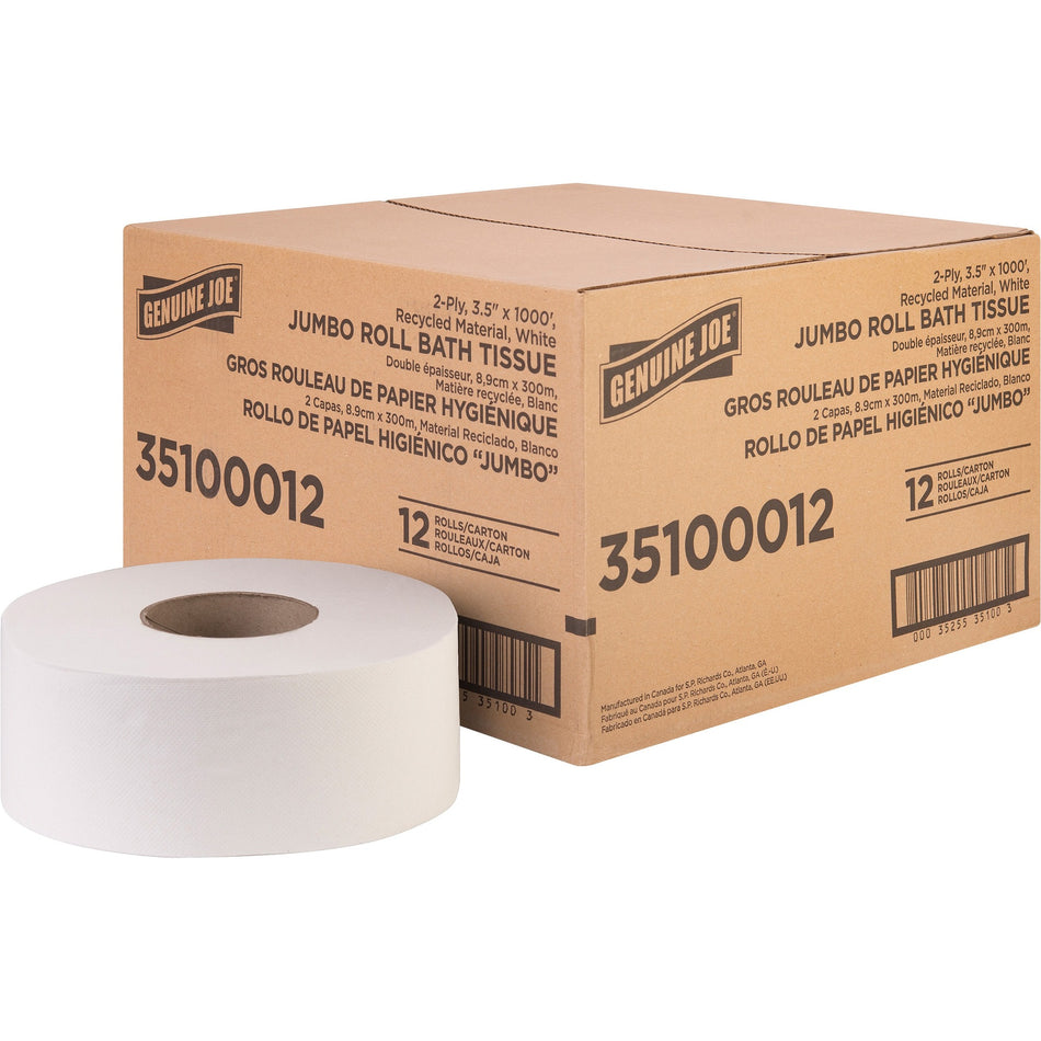 Genuine Joe Jumbo Jr Dispenser Bath Tissue Roll - 2 Ply - 3.50" Width x 1000 ft Length - 8.88" Roll Diameter - White - Fiber - 12 / Carton