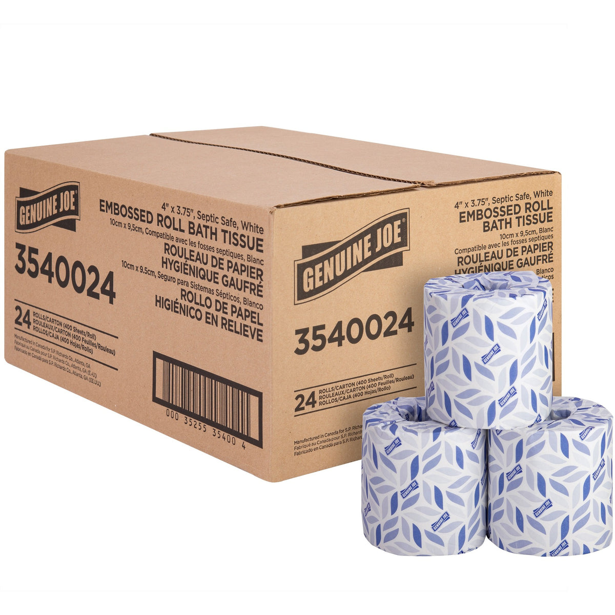 Genuine Joe 2-ply Bath Tissue Rolls - 2 Ply - 4" Width x 3.75" Length - 400 Sheets/Roll - Embossed - White - 24 / Carton