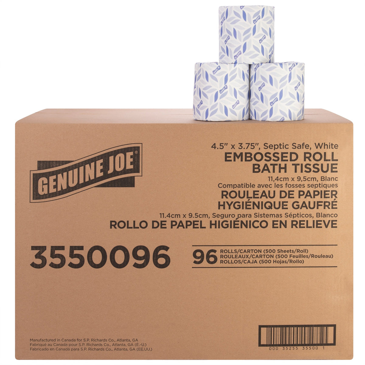 Genuine Joe 2-ply Bath Tissue - 2 Ply - 4.50" Width x 3.80" Length - 500 Sheets/Roll - Embossed - White - Fiber - 96 / Carton