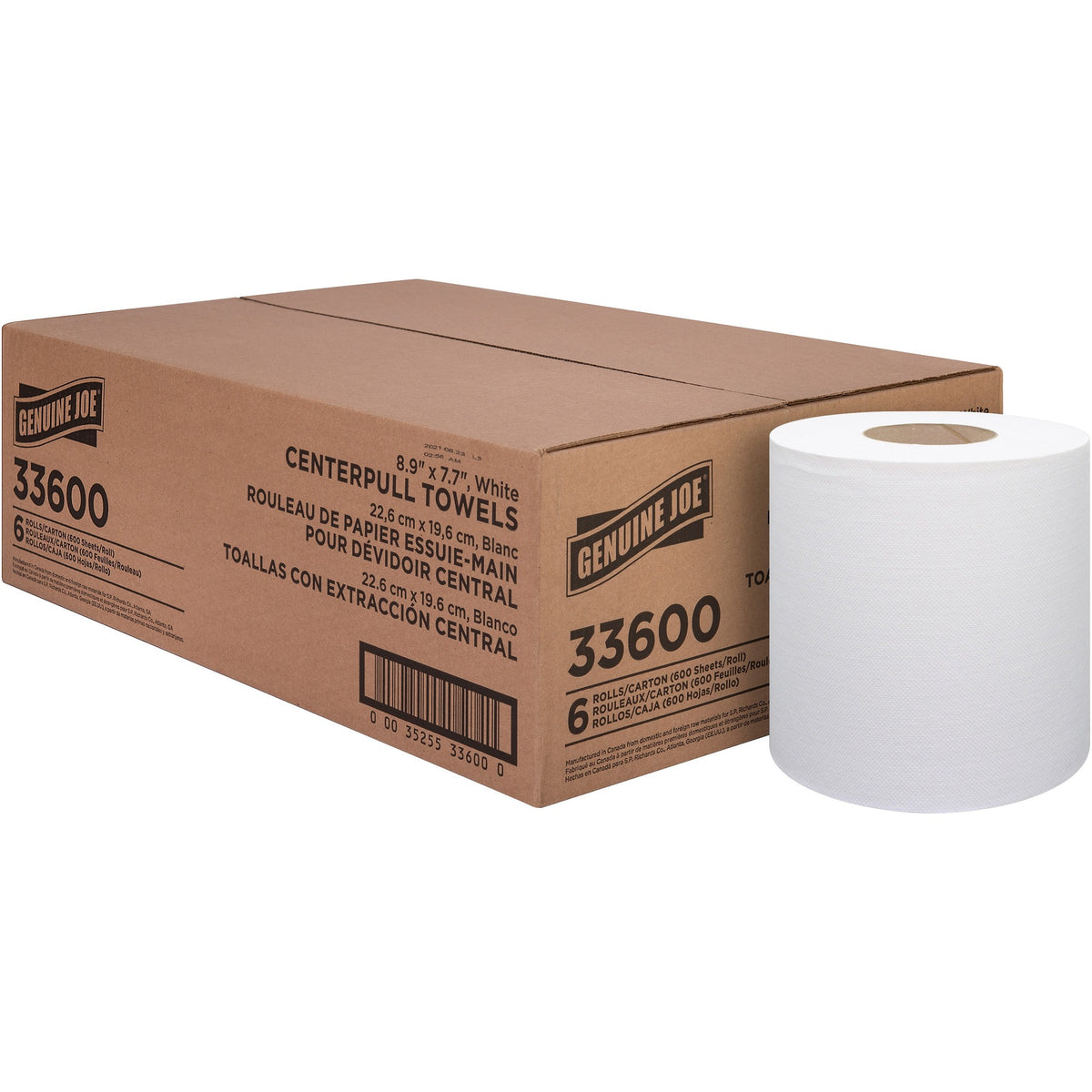 Genuine Joe Centerpull Towel Rolls - 8.13" Width x 7.56" Length - 600 Sheets/Roll - 3" Core - White - Virgin Fiber - 6 / Carton