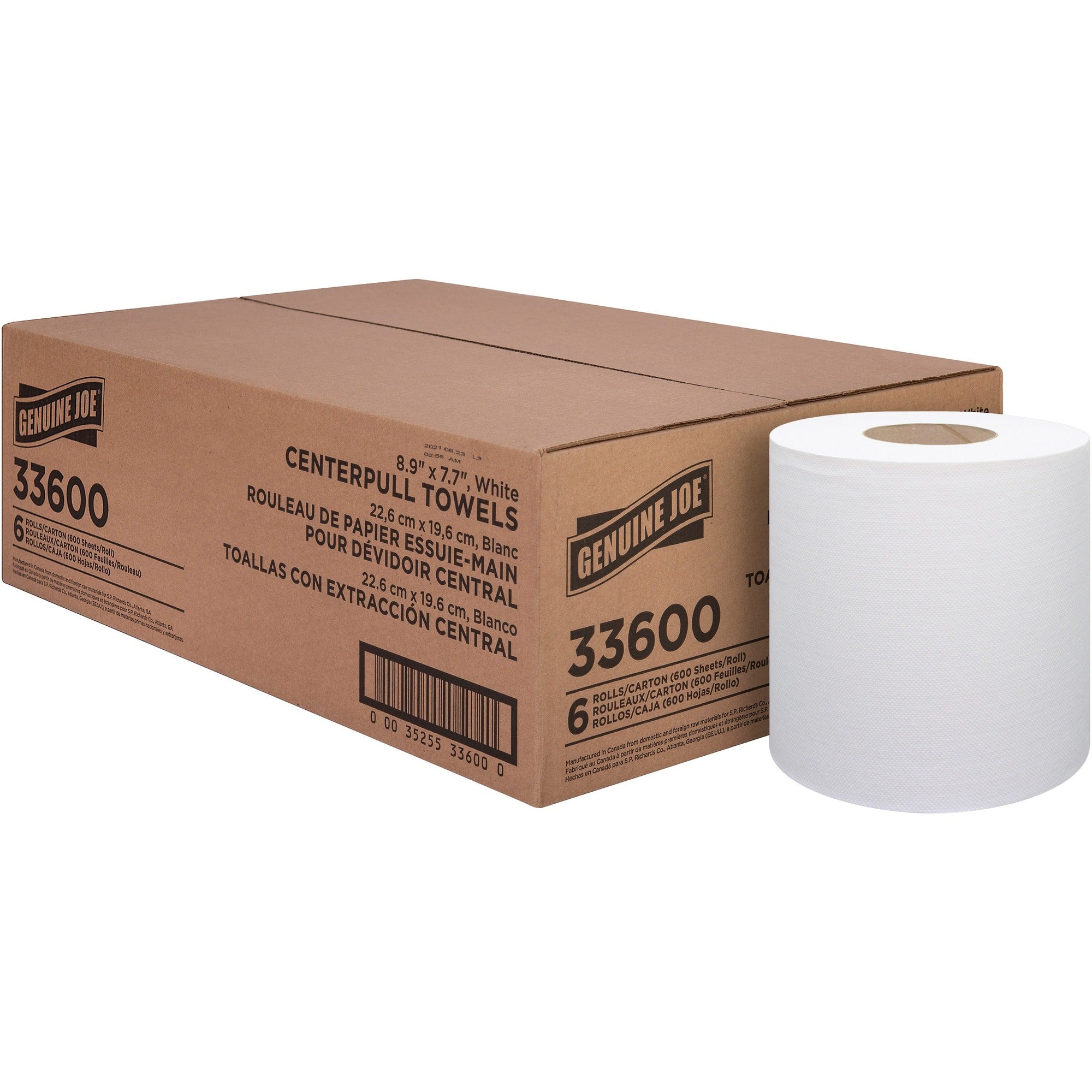 Genuine Joe Centerpull Towel Rolls - 8.13" Width x 7.56" Length - 600 Sheets/Roll - 3" Core - White - Virgin Fiber - 6 / Carton