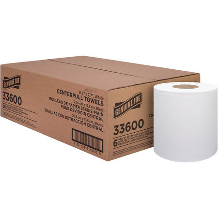 Genuine Joe Centerpull Towel Rolls - 8.13" Width x 7.56" Length - 600 Sheets/Roll - 3" Core - White - Virgin Fiber - 6 / Carton
