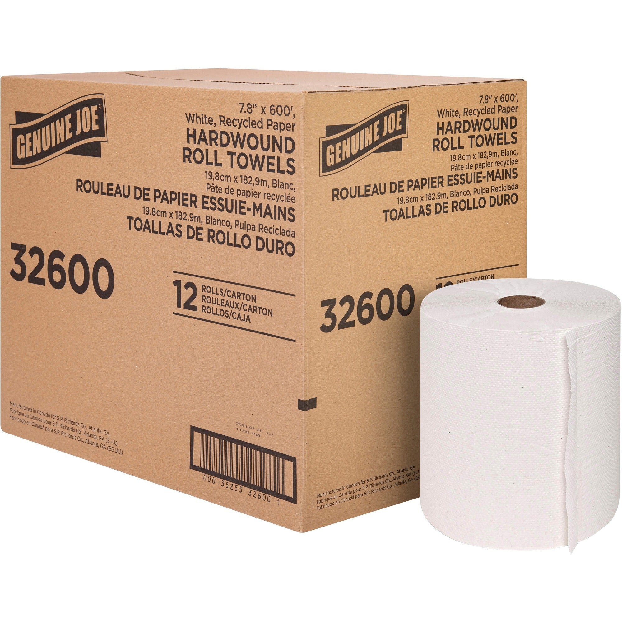 Genuine Joe Hardwound Roll Paper Towels - 7.80" Width x 600 ft Length - 2" Core - Embossed Design - White - Paper - 12 / Carton