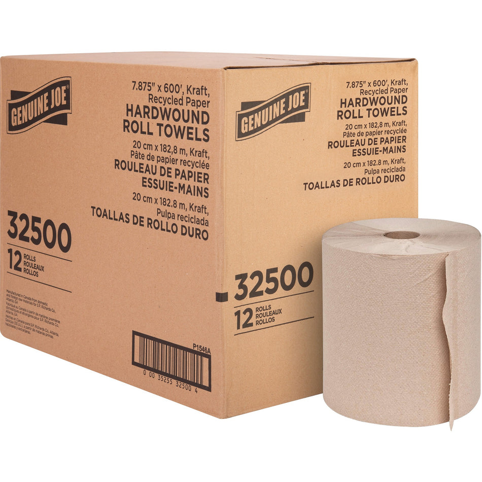 Genuine Joe Embossed Hardwound Roll Towels - 7.88" Width x 600 ft Length - 2" Core - Embossed Design - Brown - 12 / Carton