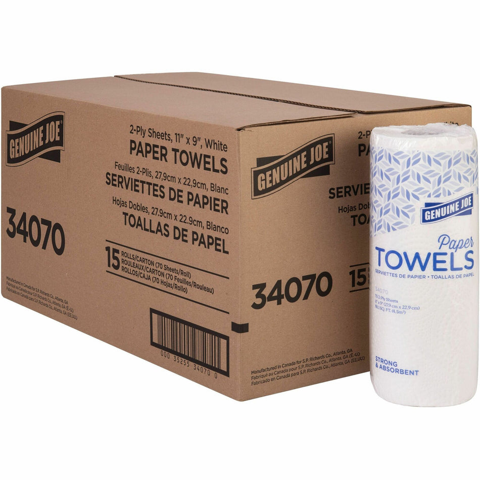 Genuine Joe 2-ply Paper Towel Rolls - 2 Ply - 9" Width x 11" Length - 70 Sheets/Roll - White - Paper - 15 / Carton