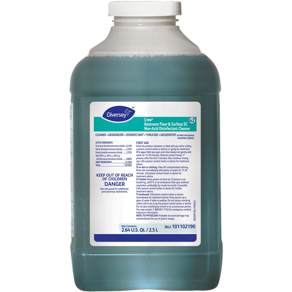 Diversey Crew Restroom Disinfectant Cleaner - 84.5 fl oz (2.6 quart) - Fresh Scent - Deodorize, No-mess, Rinse-free - Green Bottle - 2 / Carton