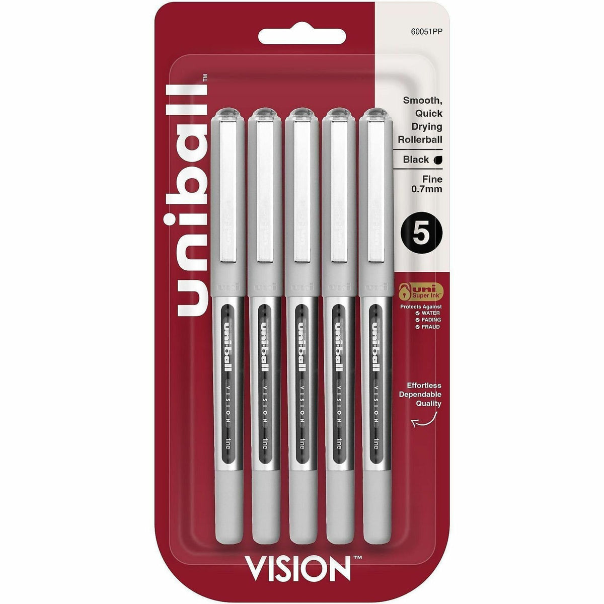 Uniball Vision Rollerball Pen: 0.7mm Fine Point Black Ink - 5 Pack - Pens