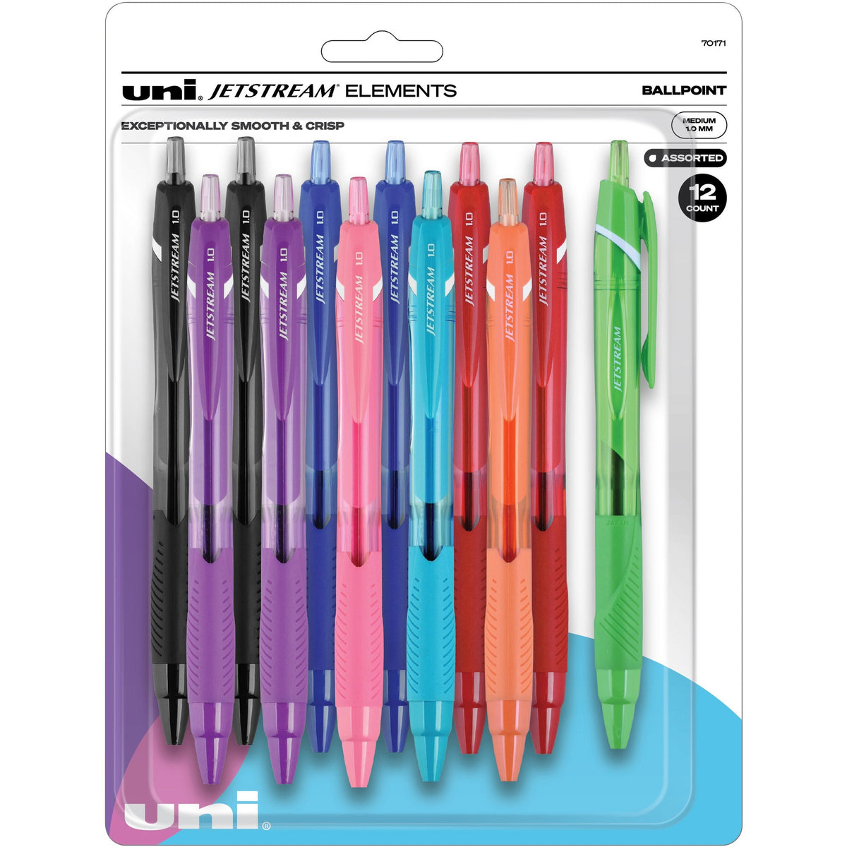 uniball&#8482; Jetstream Elements Ballpoint Pen - 1 mm Medium Pen Point - Retractable - Black, Red, Blue, Light Blue, Orange, Violet, Pink, Lime Ink - 12 / Pack