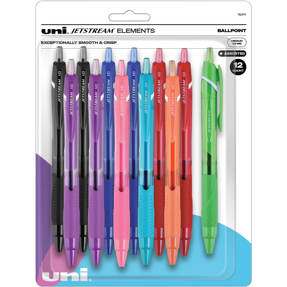 uniball&#8482; Jetstream Elements Ballpoint Pen - 1 mm Medium Pen Point - Retractable - Black, Red, Blue, Light Blue, Orange, Violet, Pink, Lime Ink - 12 / Pack