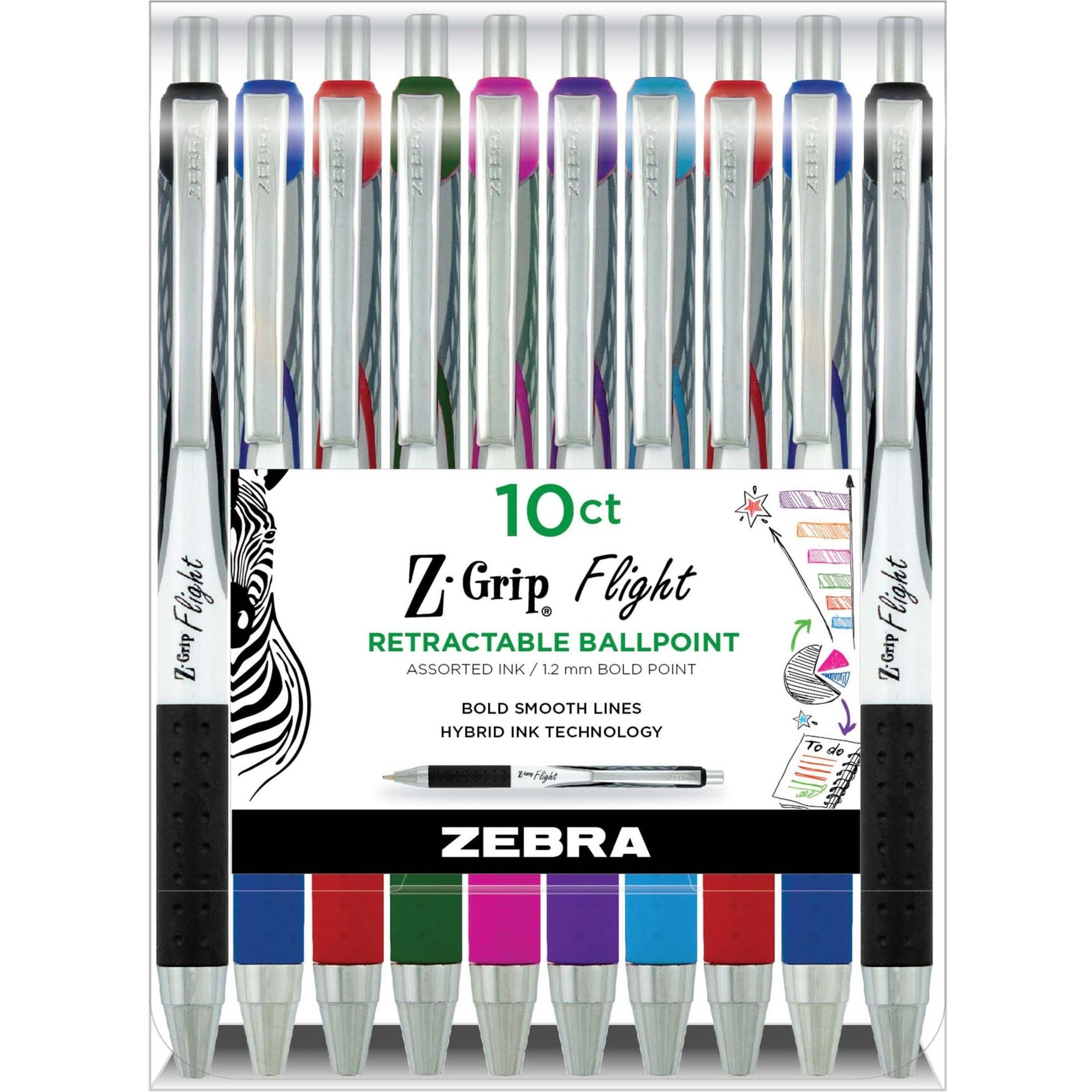 Zebra Pen Z-Grip Flight Retractable Pens - 1.2 mm Bold Pen Point - Retractable - Multi Ink - Gel-based - Assorted Plastic Barrel - 10 / Pack