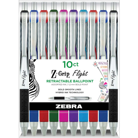 Zebra Pen Z-Grip Flight Retractable Pens - 1.2 mm Bold Pen Point - Retractable - Multi Ink - Gel-based - Assorted Plastic Barrel - 10 / Pack