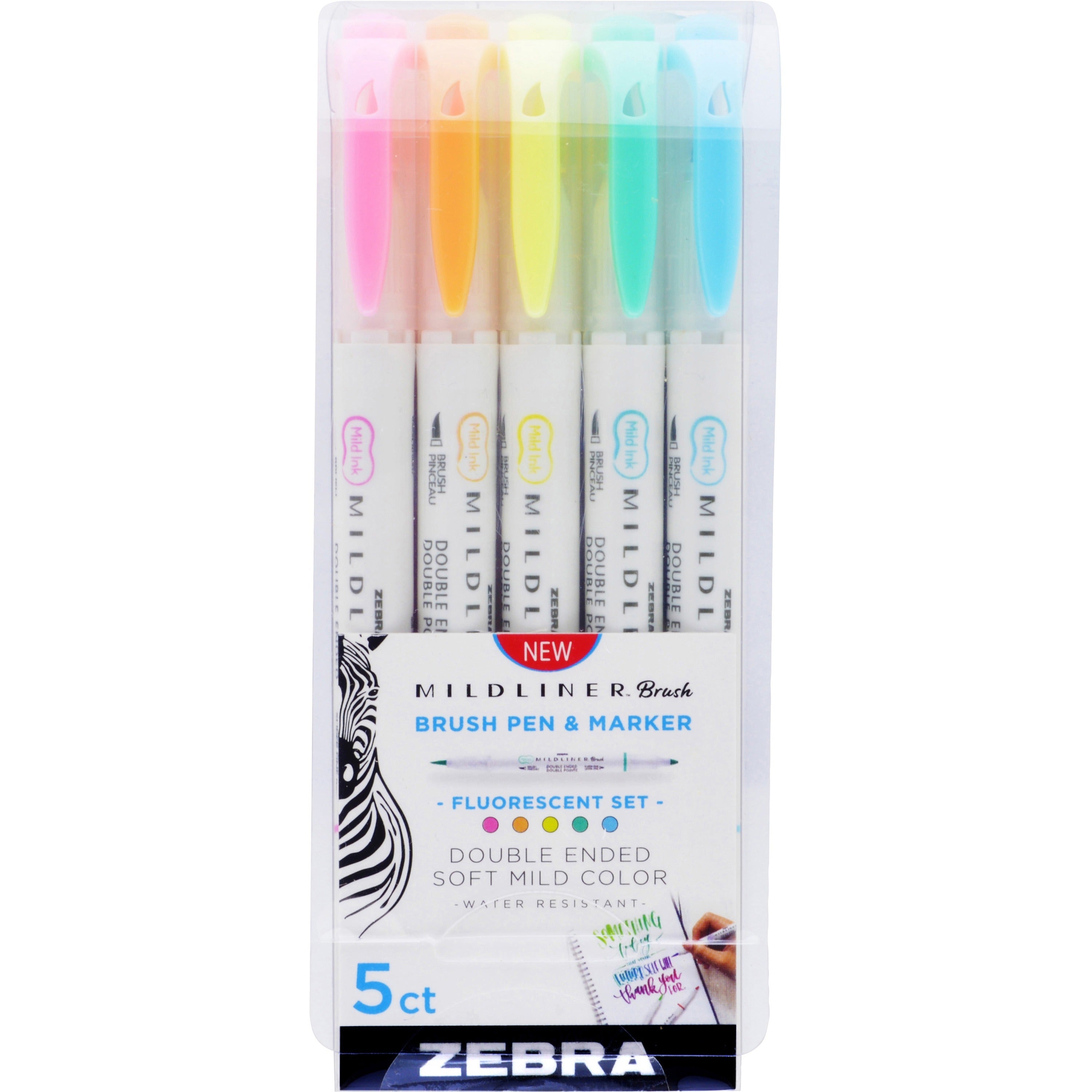 Zebra MILDLINER Dual Ended Brush Pen & Marker Set - Fine Marker Point - Brush Marker Point Style - Fluorescent Pink Pigment-based, Fluorescent Orange, Fluorescent Yellow, Fluorescent Blue, Fluorescent Green Ink - 5 / Pack