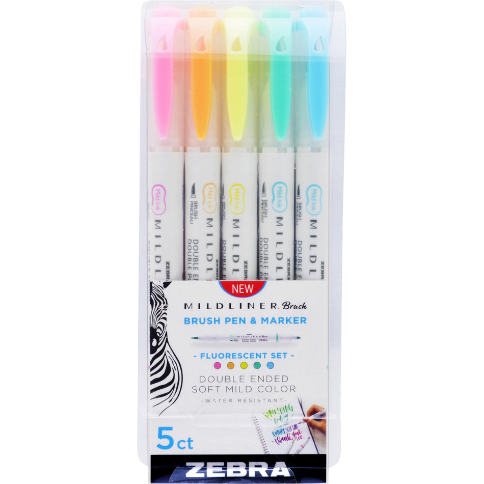 Zebra MILDLINER Dual Ended Brush Pen & Marker Set - Fine Marker Point - Brush Marker Point Style - Fluorescent Pink Pigment-based, Fluorescent Orange, Fluorescent Yellow, Fluorescent Blue, Fluorescent Green Ink - 5 / Pack
