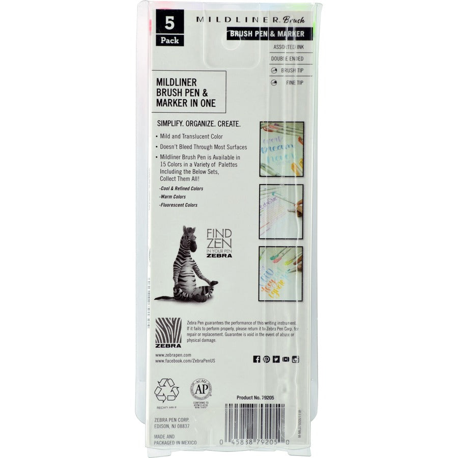 Zebra MILDLINER Dual Ended Brush Pen & Marker Set - Fine Marker Point - Brush Marker Point Style - Green Pigment-based, Dark Blue, Gray, Violet, Red Ink - 5 / Pack