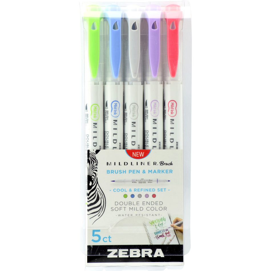 Zebra MILDLINER Dual Ended Brush Pen & Marker Set - Fine Marker Point - Brush Marker Point Style - Green Pigment-based, Dark Blue, Gray, Violet, Red Ink - 5 / Pack