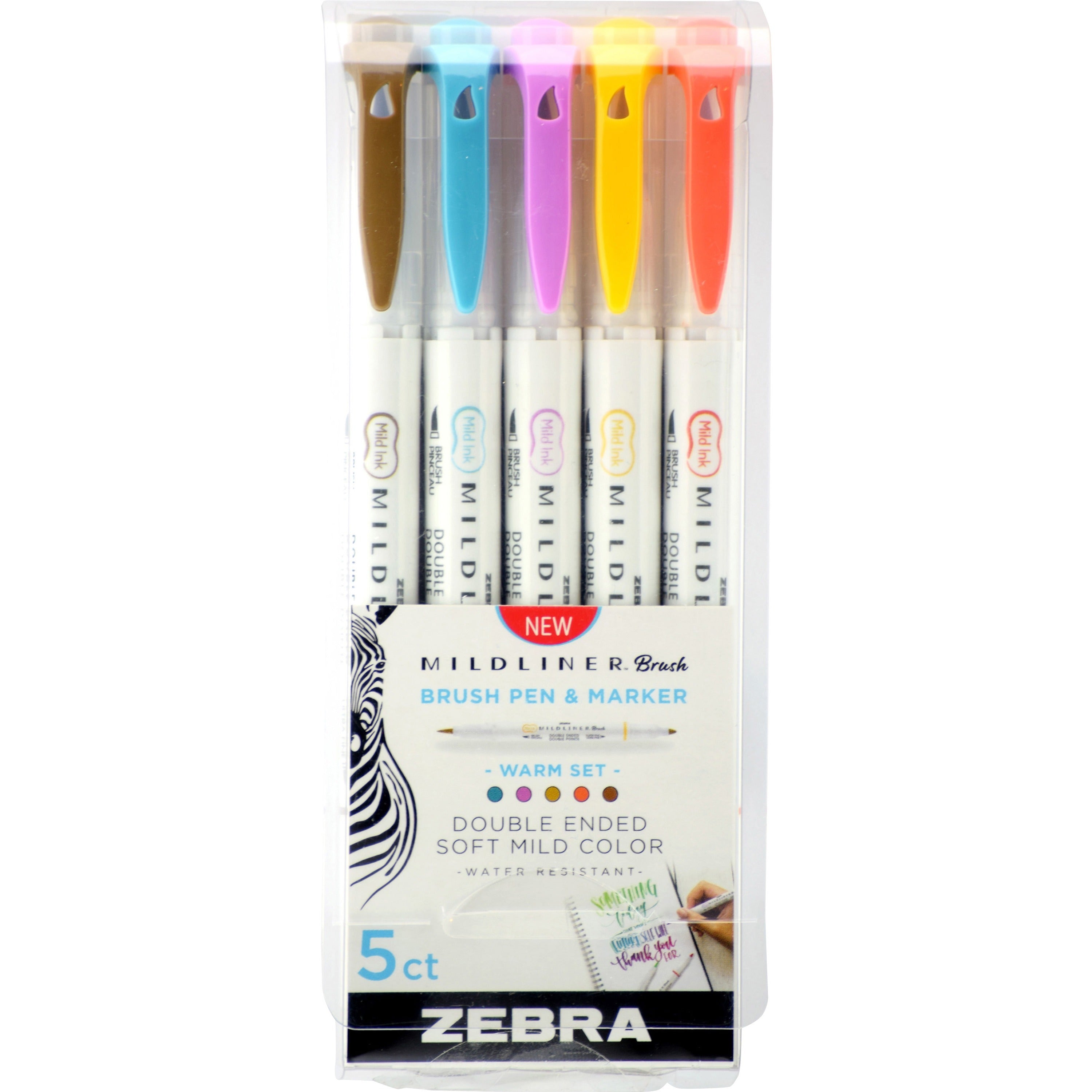 Zebra MILDLINER Dual Ended Brush Pen & Marker Set - Fine Marker Point - Brush Marker Point Style - Gold Pigment-based, Magenta, Brown, Vermillion, Smoke Blue Ink - 5 / Pack