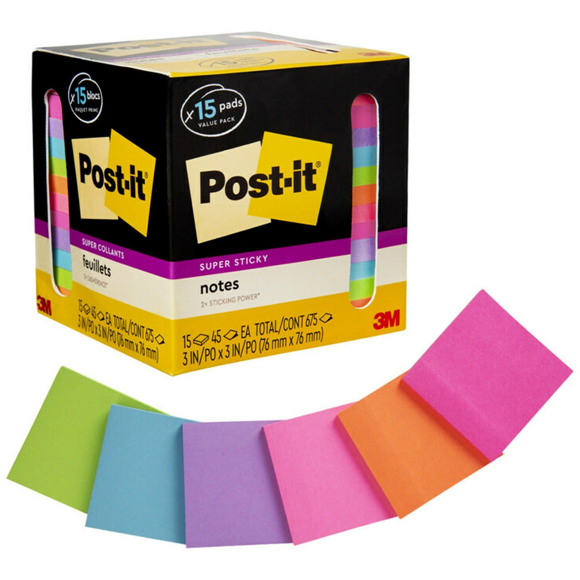 Post-it® Super Sticky Notes - 15 - 3" Flag/Note Width x 3" Flag/Note Length - Square - 45 Sheets per Pad - Neon Orange, Tropical Pink, Power Pink, Iris, Blue Paradise, Neon Green Limeade - Adhesive, Recyclable - 15 / Pack