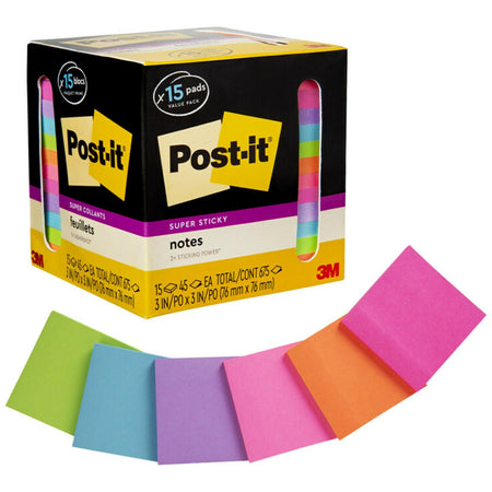 Post-it® Super Sticky Notes - 15 - 3" Flag/Note Width x 3" Flag/Note Length - Square - 45 Sheets per Pad - Neon Orange, Tropical Pink, Power Pink, Iris, Blue Paradise, Neon Green Limeade - Adhesive, Recyclable - 15 / Pack