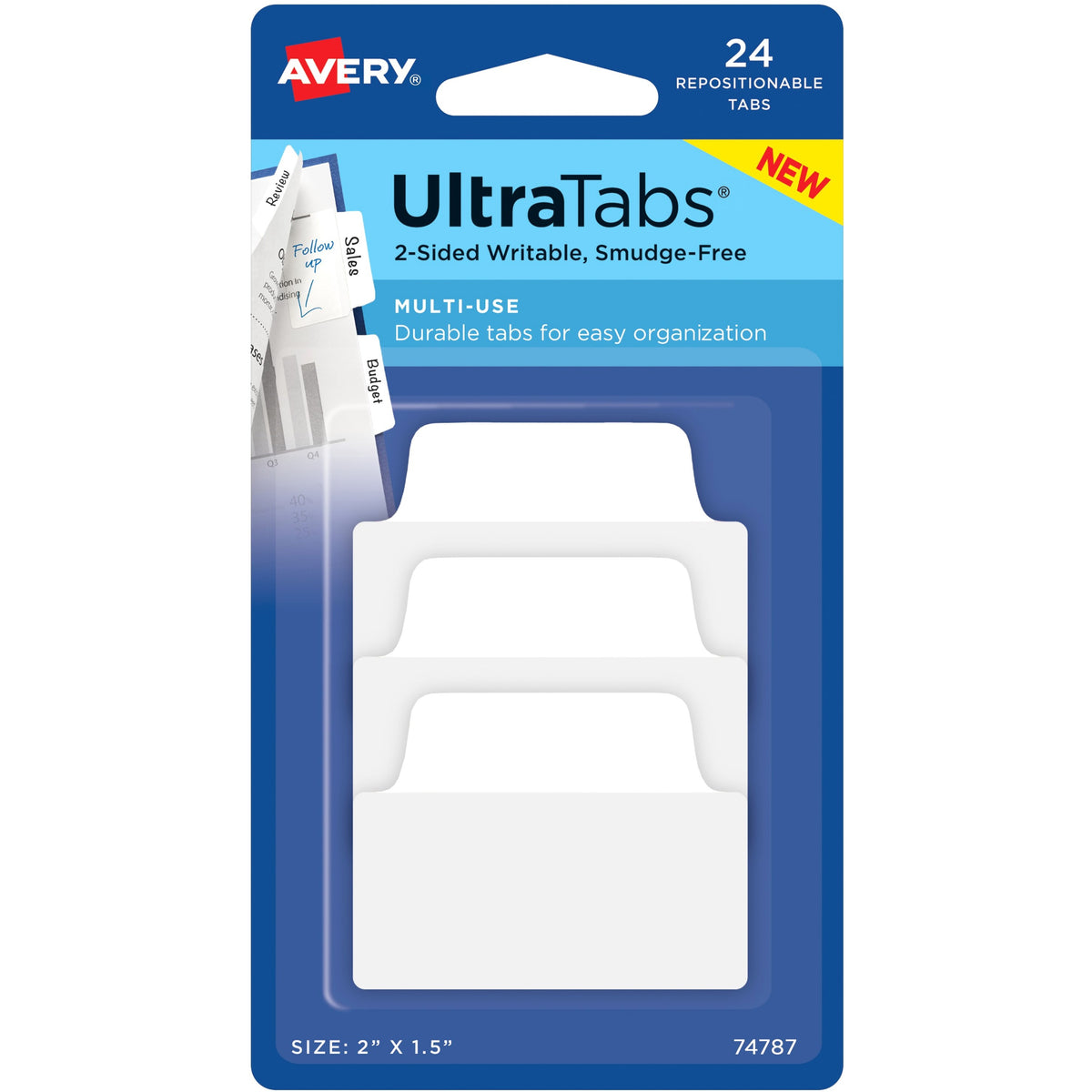 Avery®  Ultra Tabs Repositionable Multi-Use Tabs - 24 Tab(s) - 8 Tab(s)/Set - Clear Film, White Paper Tab(s) - 24 / Pack